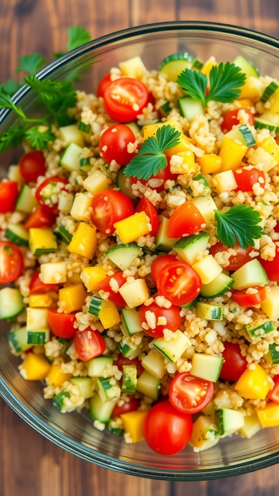 Healthy Quinoa Salad for Diabetics A colorful quinoa salad with diced vegetables and lemon vinaigrette in a clear bowl on a wooden table.